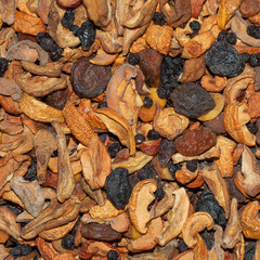 Mix of dried: apricots, apricot with a bone, dried apricot, prunes, apples, raisin, uruk. Dried fruit background.