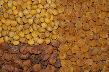 Rows of dried fruits: apricots, dried apricot, uruk. Dried fruit background.