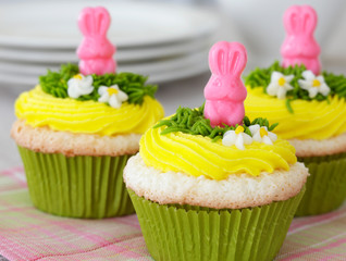 Easter cupcakes. Angel food cake with vanilla frosting and a candy bunny.