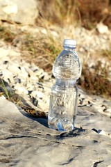 Una botella de agua mineral,con vaso sobre una roca