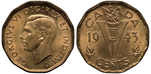 Canada Canadian tombac brass coin 5 five cents 1943, subject Victory, head of king George VI left,...