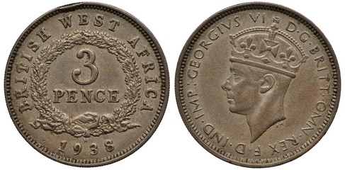 British West Africa coin 3 three pence 1938, denomination within circular wreath, date below, head...