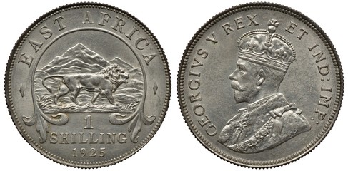 British East Africa silver coin 1 one shilling 1925, lion in savanna right, mountains in...