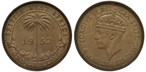 British West Africa coin 1 one shilling 1952, palm tree divides date, head of King George VI in rich clothes left, 