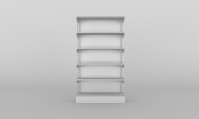 Creative 3d render of empty store shelves isolated on background. Retail shelf design. Abstract concept graphic showcase display element. Supermarket product advertising blank mockup.