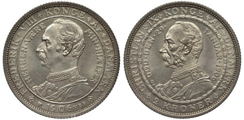 Denmark Danish silver coin 2 kroner 1906, subject Death of King Christian IX and Accession of Frederik VIII,  busts of respective Kings left,