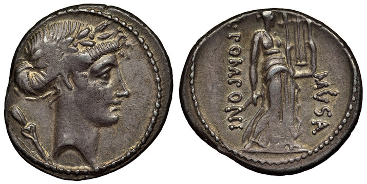 Ancient Roman Republic silver coin, denarius, 66 BC, head of Apollo right, woman with cithara - Terpsichore the Muse of dance, moneyer Quintus Pomponius,