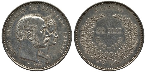 Denmark Danish silver coin 2 two kroner 1892, subject Golden Wedding, conjoined heads of King...