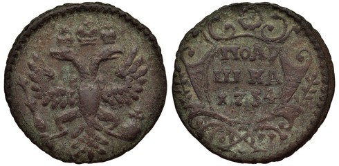 Russia Russian copper coin polushka (quarter kopek) 1734, ruler Empress Anna Ioannovna, crowned...