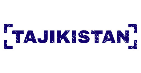 TAJIKISTAN text seal stamp with grunge texture. Text caption is placed inside corners. Blue vector rubber print of TAJIKISTAN with scratched texture.