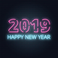 Naklejka na ściany i meble Greeting card, invitation with happy New year 2019.Christmas lettering in Neon style on brick background. Blue and Purple neon colors. Hand drawn lettering. Vector illustration