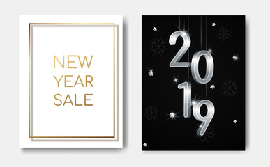 New Year sales concept night flyers banner with 3D silver numbers 2019,glowing stars,light flashes on christmas snowflakes background.New year sale flyer poster,greeting card,web online concepts
