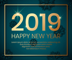 2019 Happy New Year background with gold numbers,golden frame,Christmas snowflakes,glowing stars,light flashes,web online concept.Flyer banner concept,concert,show,night club party poster
