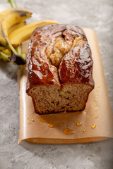 Sweet banana bread with banana top