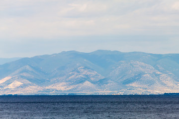 View from the Aegean Sea to the big mountain on the Greek island of Thassos