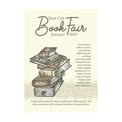 Poster with hand drawing sketch books. Concept vintage design for fair or festival flyer, paper, banner, school library retro poster, bookshop advertising in engraving style