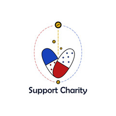 Concept of a logo for Charity organisation or event. Vector illustration of heart made of medicine surrounded by coins.