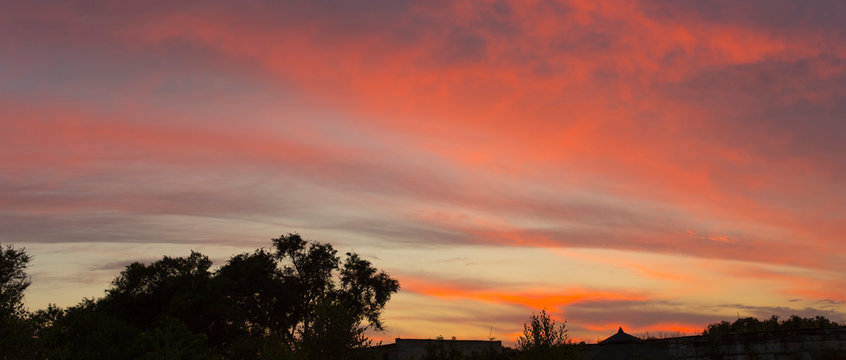 Landscape with bloody sunset. The terrain in southern Europe. It's summer now.