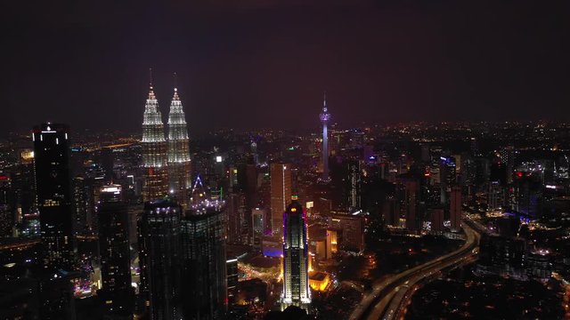 night illuminated kuala lumpur city downtown aerial panorama 4k malaysia