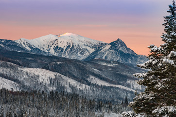 Tatra mountains landscape, winter sunrise over Giewont and Czerwone Wierchy