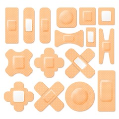 Set of realistic adhesive elastic bandage. Vector collection of first aid band plaster strip, medical plaster.