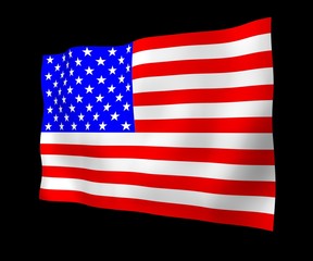 Waving flag of the United States of America on black background. Stars and Stripes. State symbol of the USA. 3D illustration