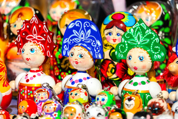 Traditional handicraft wooden souvenirs at street gift store near complex 