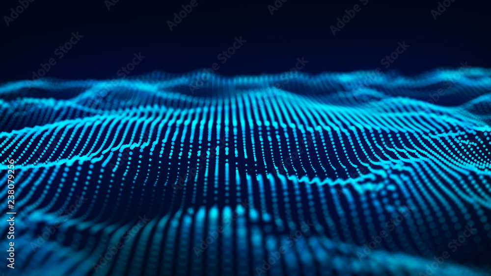 Poster Blue computer technology background. Big data visualization. Technology landscape. Futuristic illustration. 3d rendering.