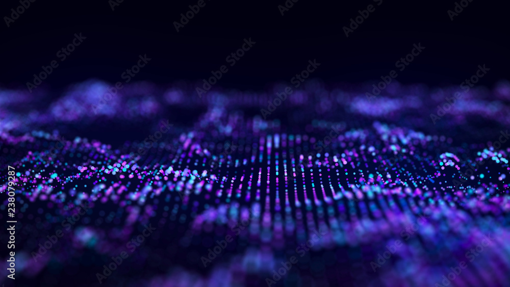 Poster Data technology illustration. Abstract futuristic background. Wave with dots on dark background. Wave of particles. 3d rendering.