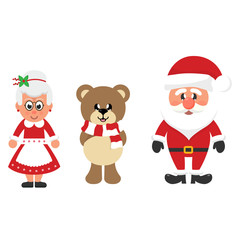 winter christmas cartoon bear with scarf and santa claus and cartoon mrs santa