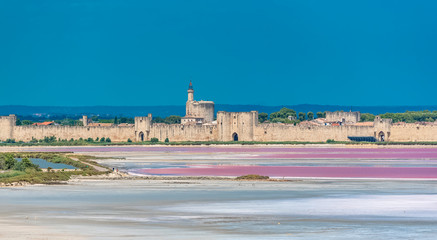 Aigues-Mortes, Salins du Midi, panorama with salt marshes  - obrazy, fototapety, plakaty