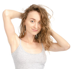 Fototapeta premium Beautiful woman beauty fashion curly wet hair naturalness on white background isolation