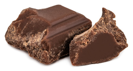 Broken chocolate pieces isolated on white background