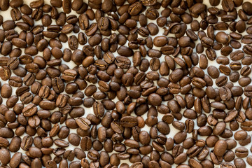 Texture of coffee and milk. Whole grains of coffee in milk