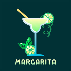 Alcohol cocktail margarita with decorations and name. Flat style vector illustration. Suitable for advertising, applications, menu design or web