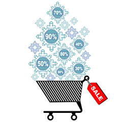 Vector illustration for Christmas sale. Discount sticker or banner design. Shopping trolley with snowflakes in it.