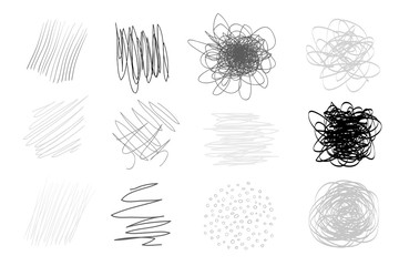 Backgrounds with array of lines on white. Intricate chaotic textures. Wavy backdrops. Hand drawn tangled patterns. Black and white illustration. Elements for design