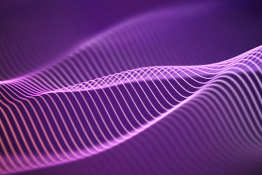 3D Sound waves, visual audio equalizer. Big data abstract visualization. Purple bright sound waves. Digital technology concept: virtual landscape. Modern background. EPS 10 vector illustration.
