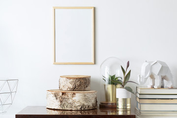 The room interior of vintage space with mock up poster frame, plants, books and white elephant figure. Modern shelfie concept.