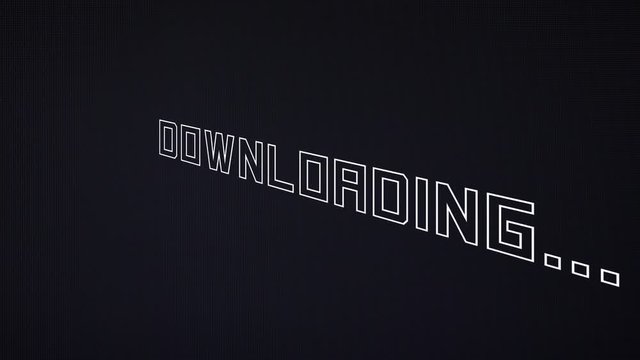A wireframe animated text, Downloading, spinning around its axis. Retro futuristic obsolete style (computer-generated imagery from the 1980s).

