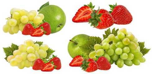 Fresh grapes, strawberry and apples isolated on white background with clipping pass