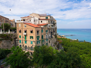 Fototapeta na wymiar View of Tropea, a tourist resort in Italy perched on a cliff overlooking the sea.