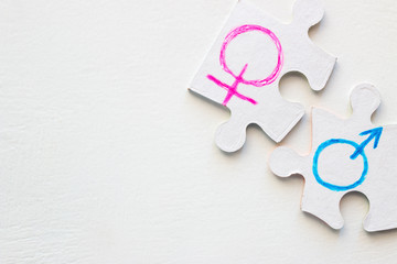 male and female gender symbol on white background with space for text