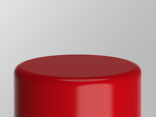 Red product pedestal on grey background front diagonal  view. Platform for design visualization . Product promotion stand. 3d rendering