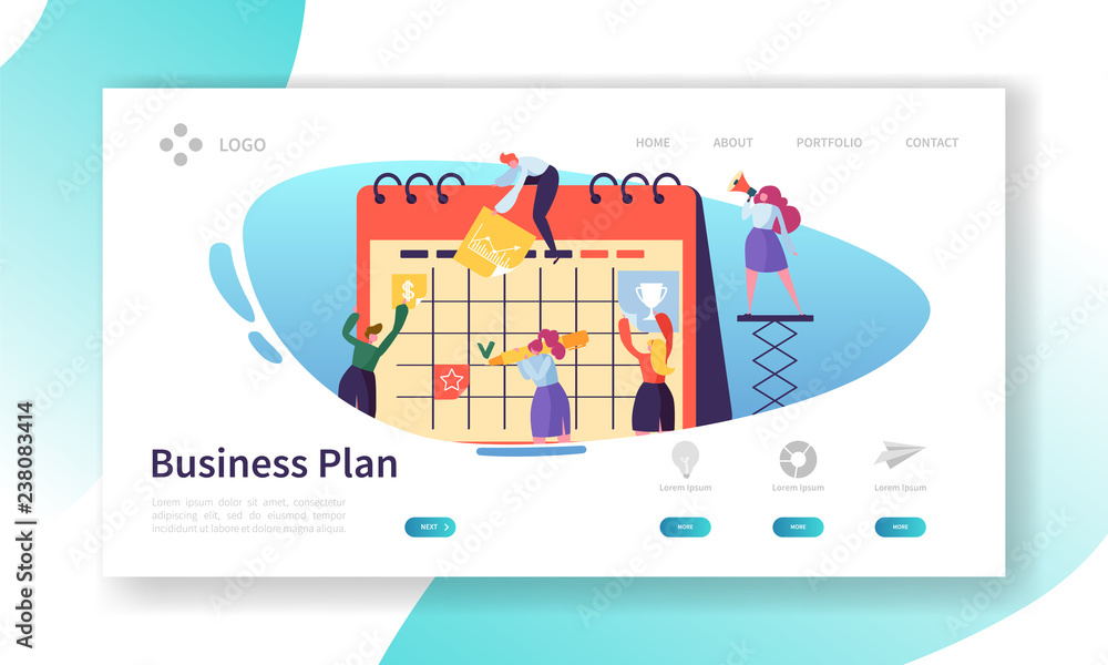Poster business calendar plan landing page template. schedule concept with characters working with planner.