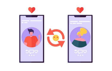 Online Dating Chat App for Romance Connection. Man and Woman Characters Flirting on Smartphone Screen. Modern Socila Communication Concept. Flat Cartoon Vector Illustration