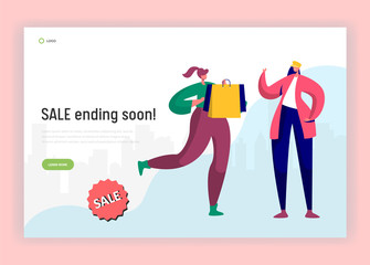 Shopping Sale Rush Hour Landing Page. Woman Running with Bags to Buy Last Discount Goods. Shopaholic Concept for Website or Web Page. Flat Cartoon Vector Illustration