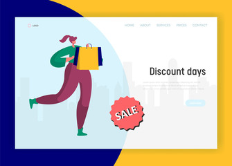 Woman Running for Discount Shopping Landing Page. Holiday Shopoholic Character Holding Bag Concept for Website or Web Page. Flat Cartoon Vector Illustration