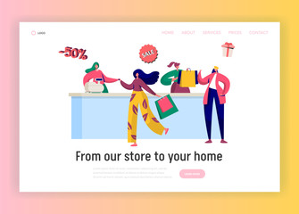 Fototapeta na wymiar Store Sale Purchase Landing Page Template. Woman Shopping with Discount Card Concept. Offline Customer for Website or Web Page. Flat Cartoon Vector Illustration