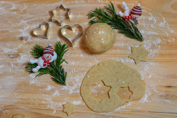 Christmas Baking background. Ingredients for cooking christmas baking on wood background.